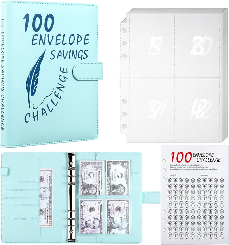 MUQING 100 Envelope Challenge Binder, Money Saving Envelopes for Cash Challenge, Saving $5050 Budget Planner Book, 25 Sheets Silkscreen to Digital 100 (Blue) - Image 1